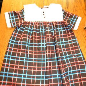 Vintage Sears Smocked Dress Girls Size 6x Brown with Red Blue White plaid